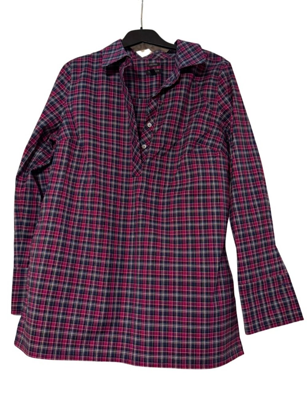 Talbots Wrinkle Resistant Henley Cotton Checkered Top | Size 6 | Maroon/Black